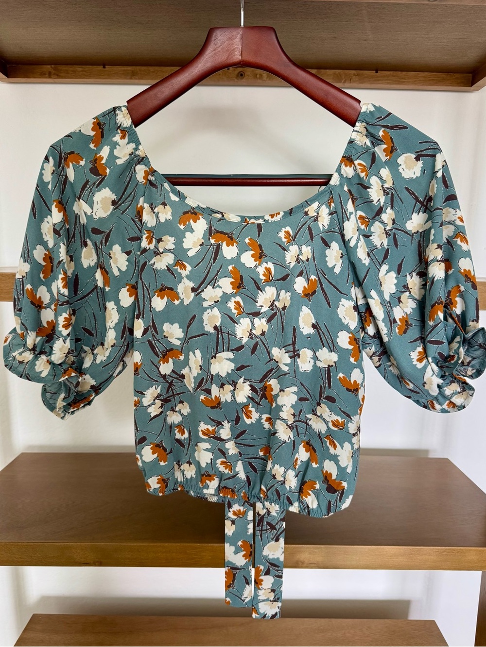 Sienna Sky Sage Floral Puff-Sleeve Blouse with Rust Accents